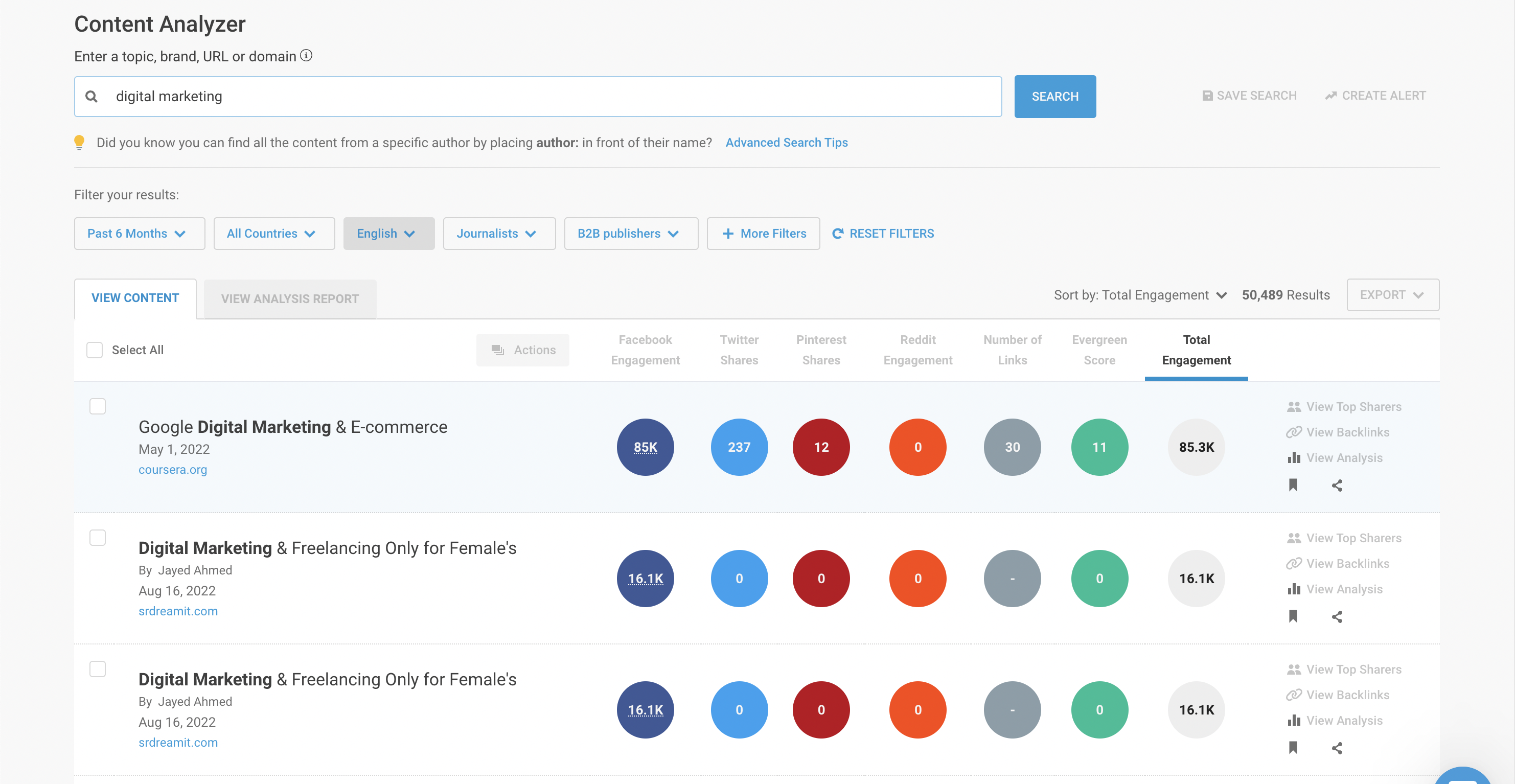 BuzzSumo result for "Digital Marketing"